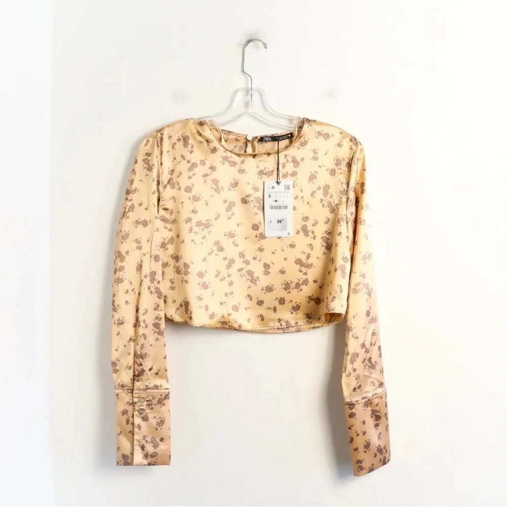 NWT Zara crop floral print top satin blouse 3067419674 peach pastel blouse fairy - Picture 2 of 8